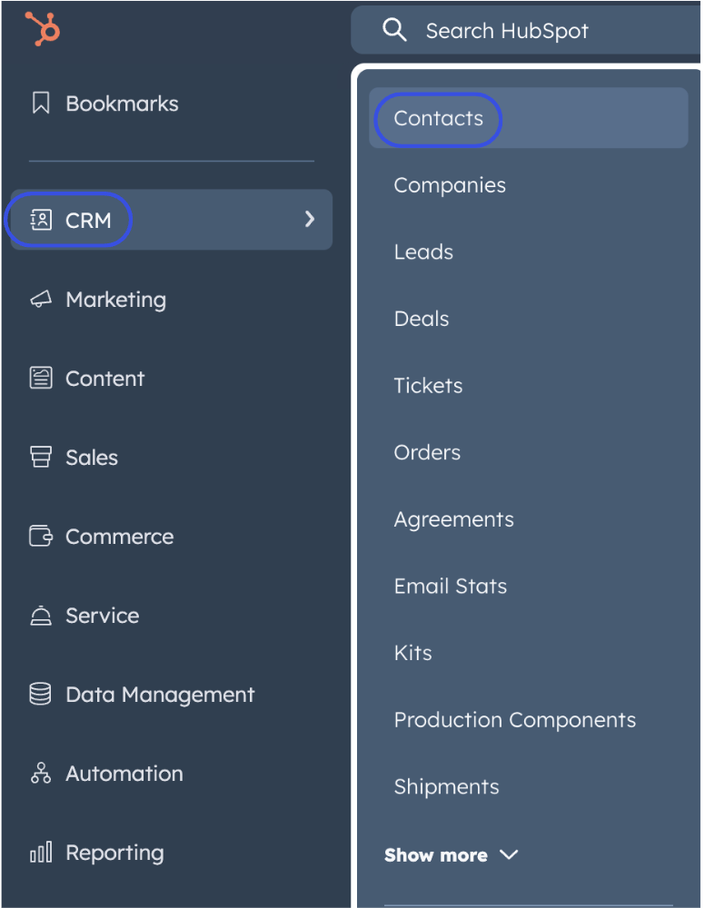 Enter HubSpot contacts page