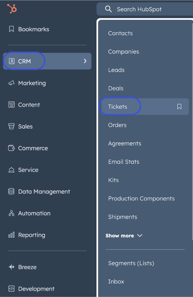 Enter HubSpot Tickets Page
