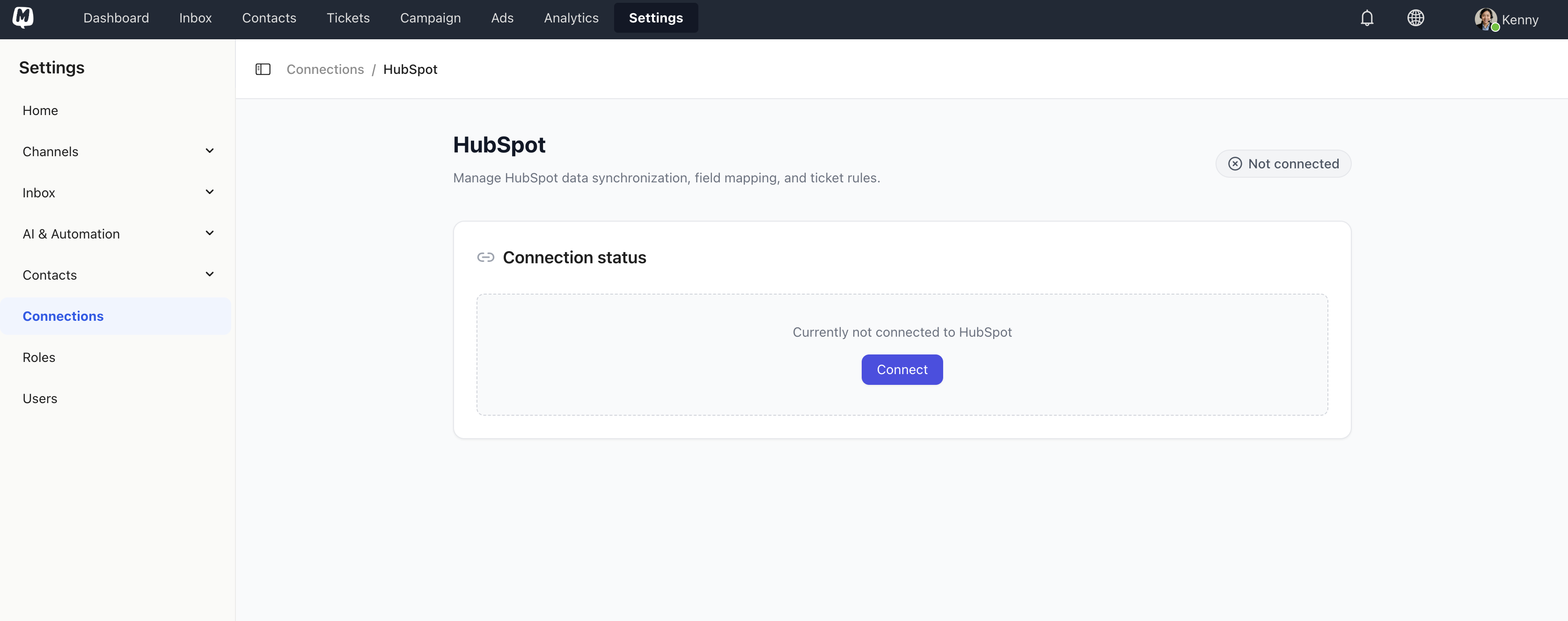 MsgBox Settings Connections Page