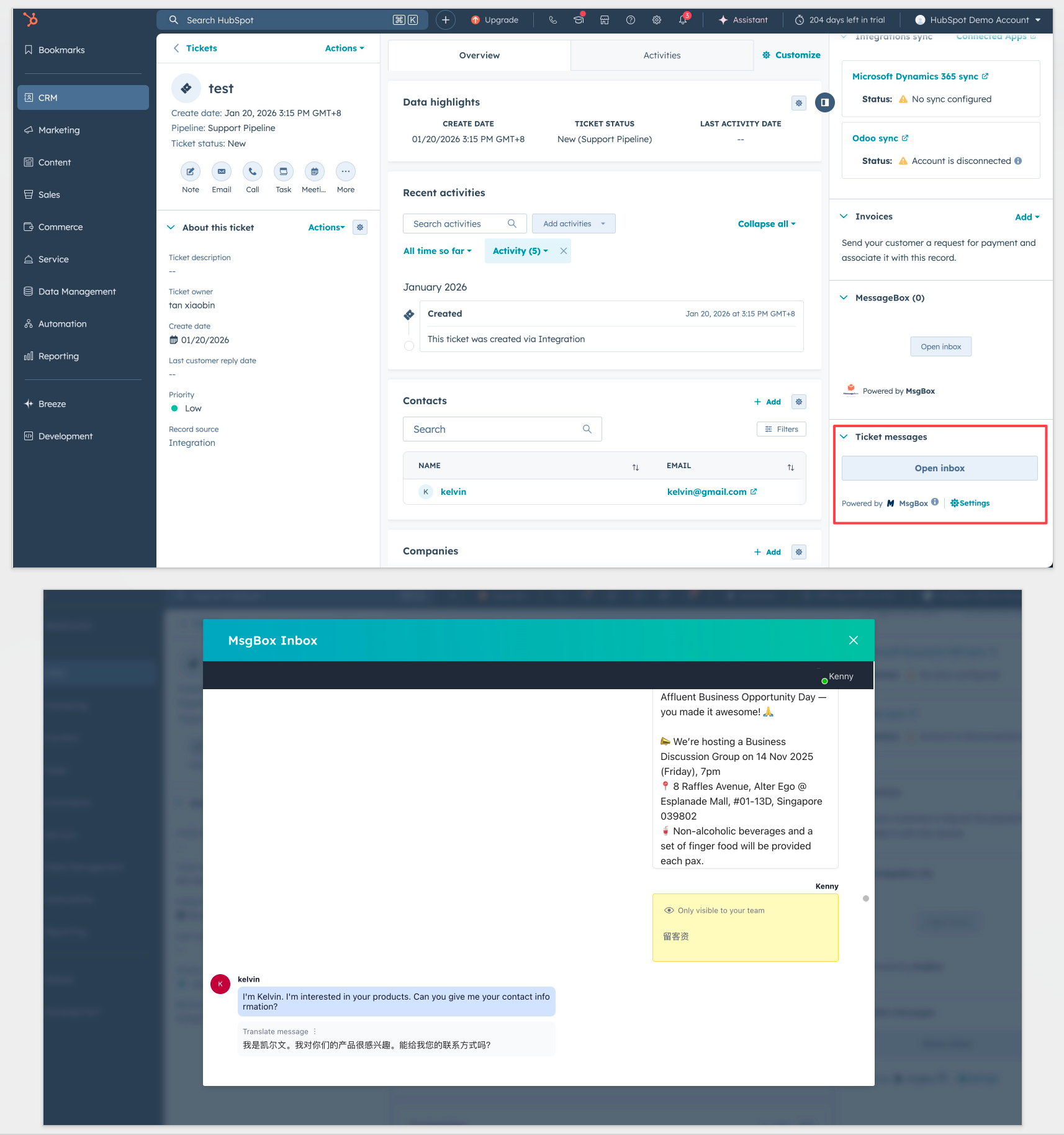 HubSpot Ticket View with MsgBox Data