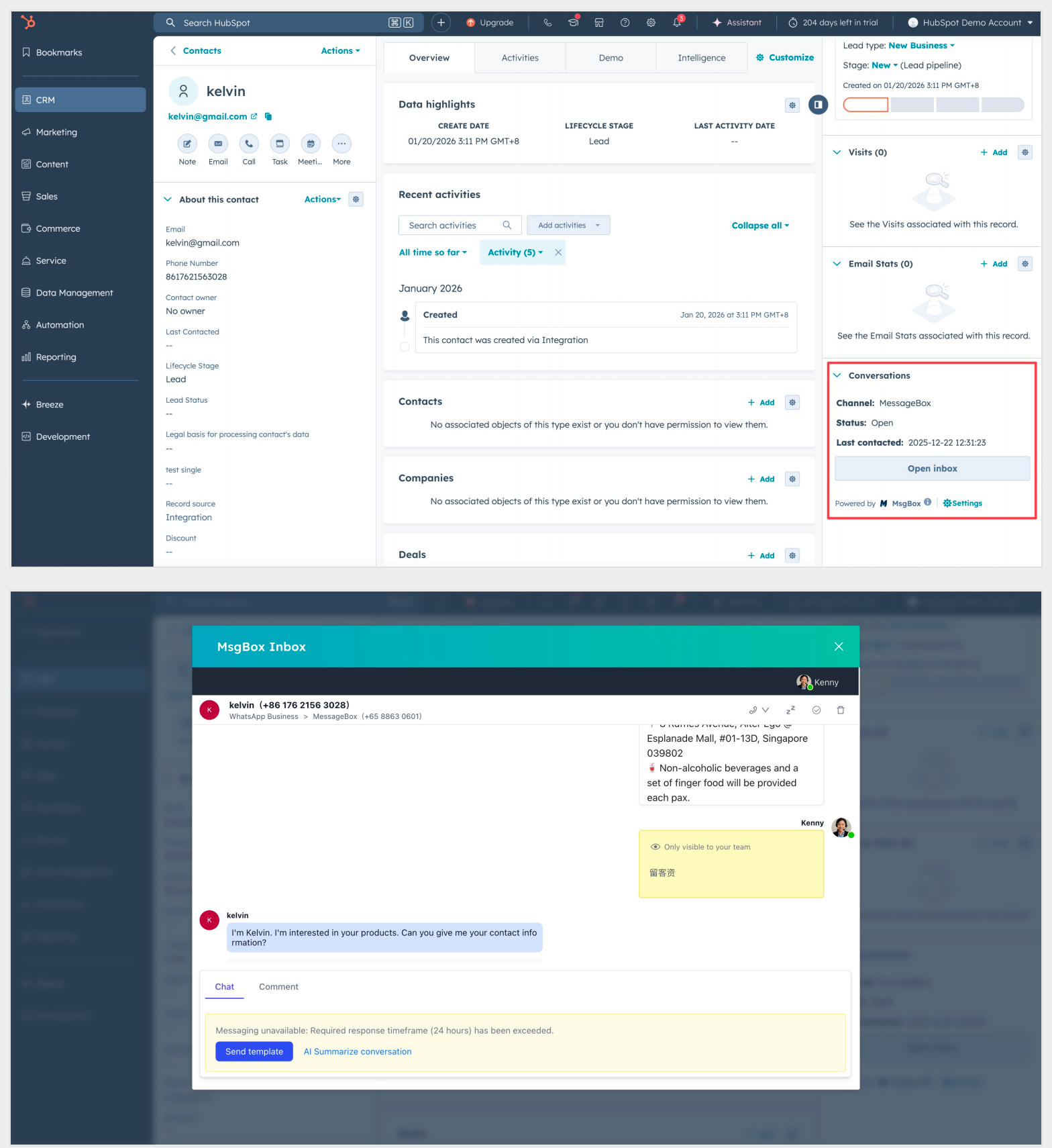 HubSpot Contact View with MsgBox Data